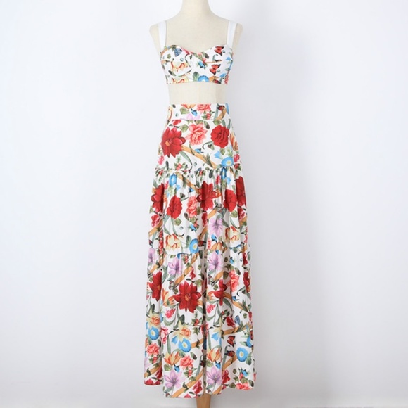 Boho Floral Print Crop Top Maxi Ruffle Skirt Set - Picture 9 of 10